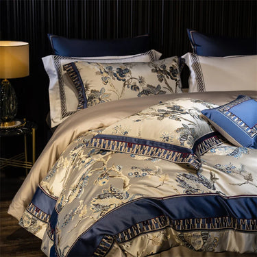 Luxury Blue Nature Satin Jacquard Egyptian Cotton European Palace Wedding Bedding Set